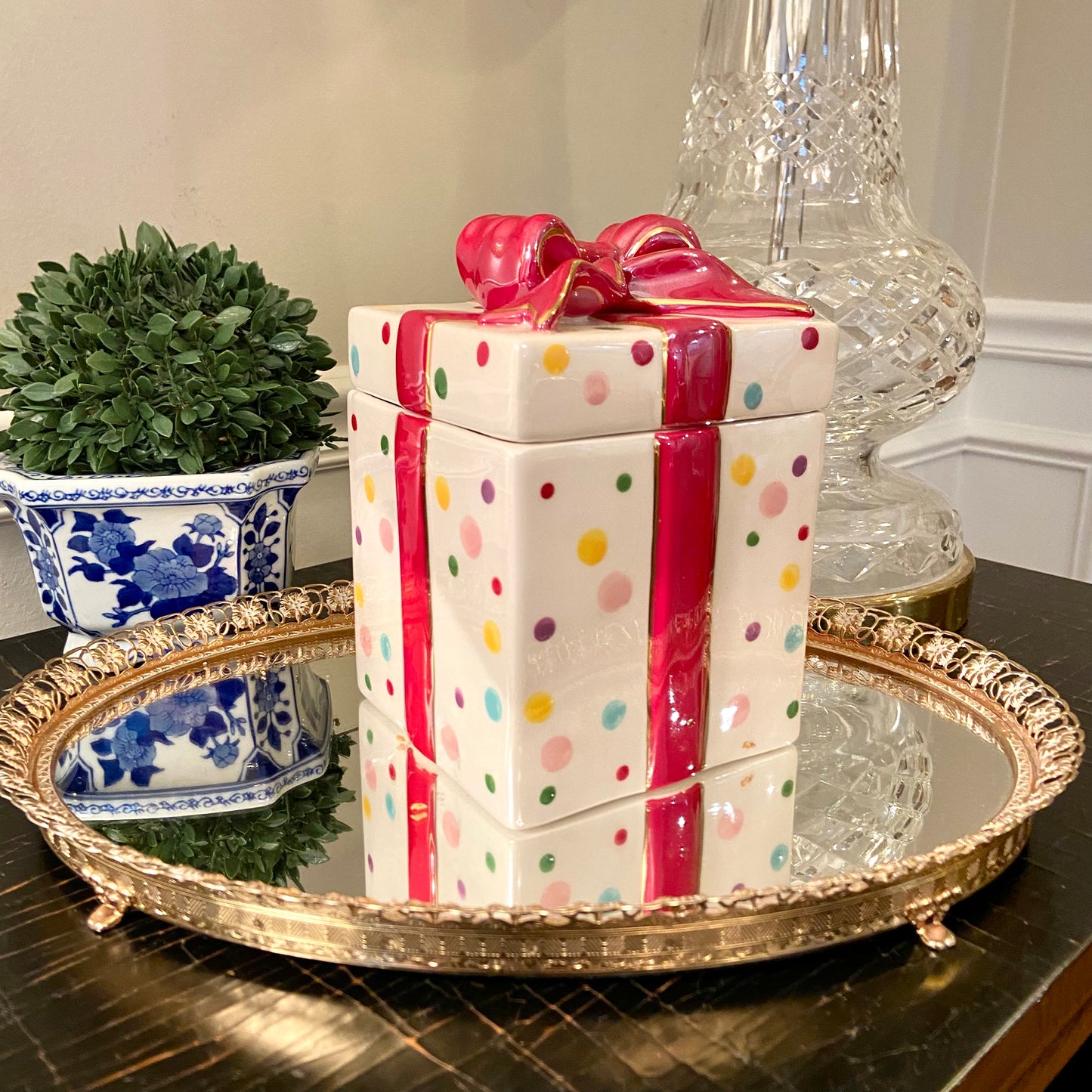 Whimsical polka dot & a bow lidded jar from Waterford