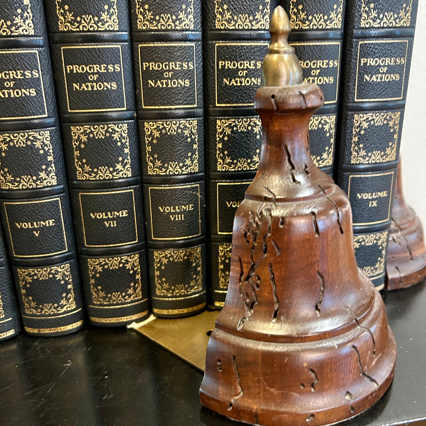 pair of handsome & heavy brass & mahogany bell bookends