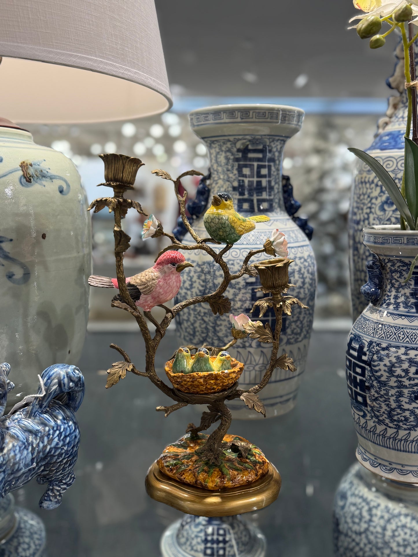 Danny’s Fine Porcelain: Bronze Ormolu Bird & Nest Candlestick Stand | 15.5” Tall