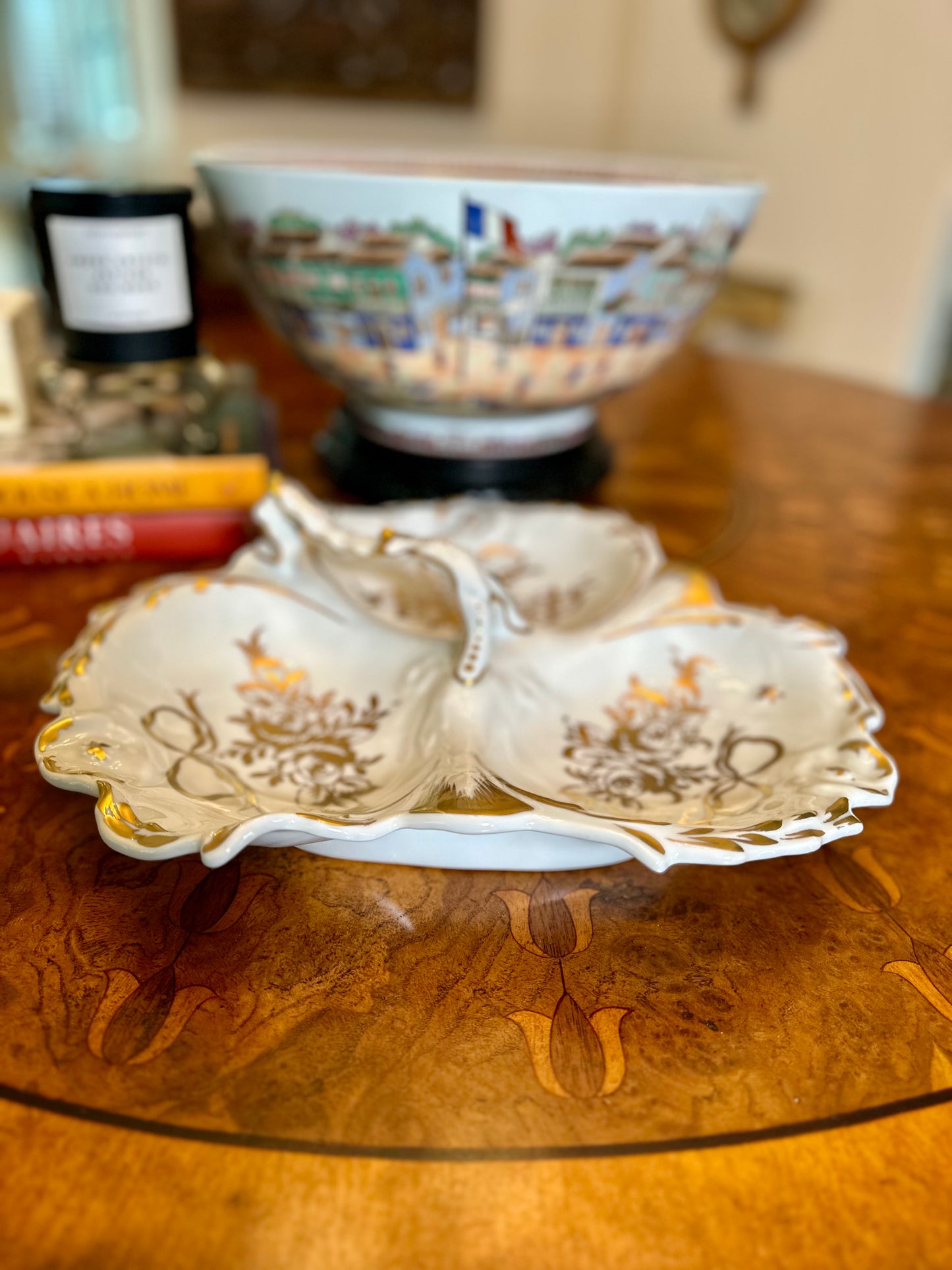 Vintage French Porcelaines de Couleuvre Limoges Three-Section Handled Tray