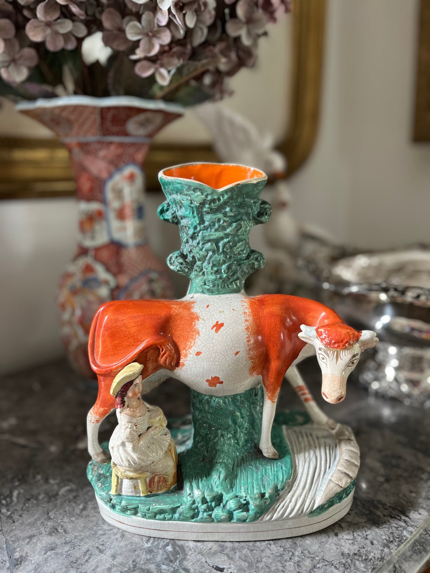 Live 07/28 Rare Antique Staffordshire Cow & Milkmaid Spill Vase | Large Figural Pottery | c.1840–1860 | 10 7/8”H