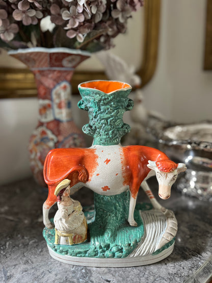 Live 07/28 Rare Antique Staffordshire Cow & Milkmaid Spill Vase | Large Figural Pottery | c.1840–1860 | 10 7/8”H