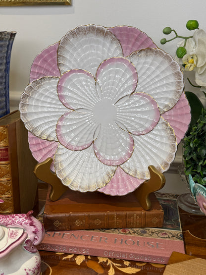 Antique German Porcelain Oyster Plate | Pink, White & Gold Radial Shell Arrangement | 10.5” Diameter