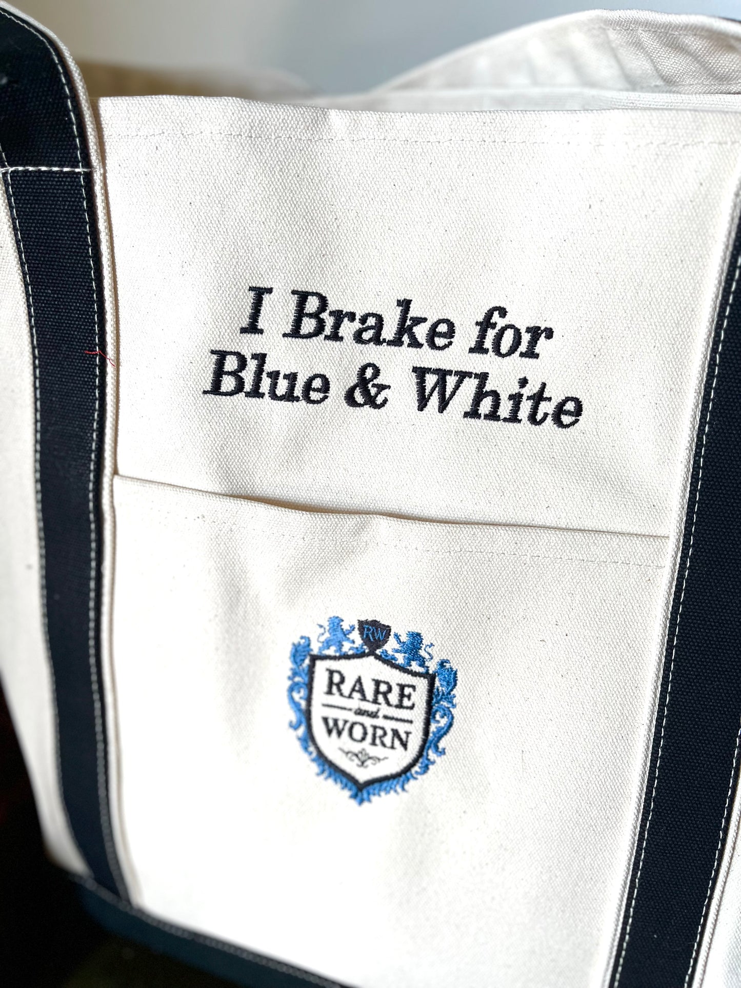 Rare and Worn | I Brake for Blue & White EmbroideredCanvas Large  Tote — Heritage Collection