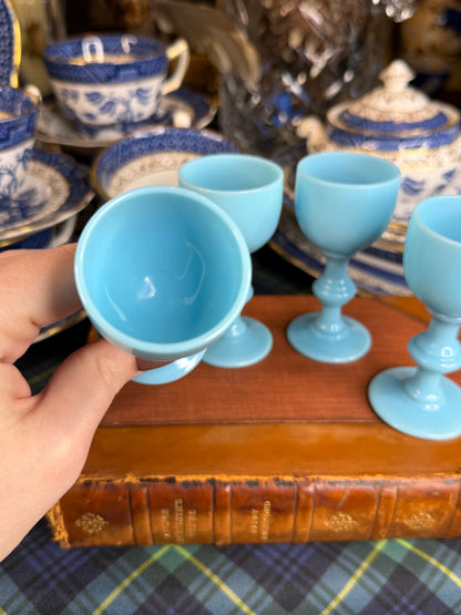 Vintage French Blue Opaline Glass Cordials | Set of 4 | Petite Stemmed Goblets | 3.25”