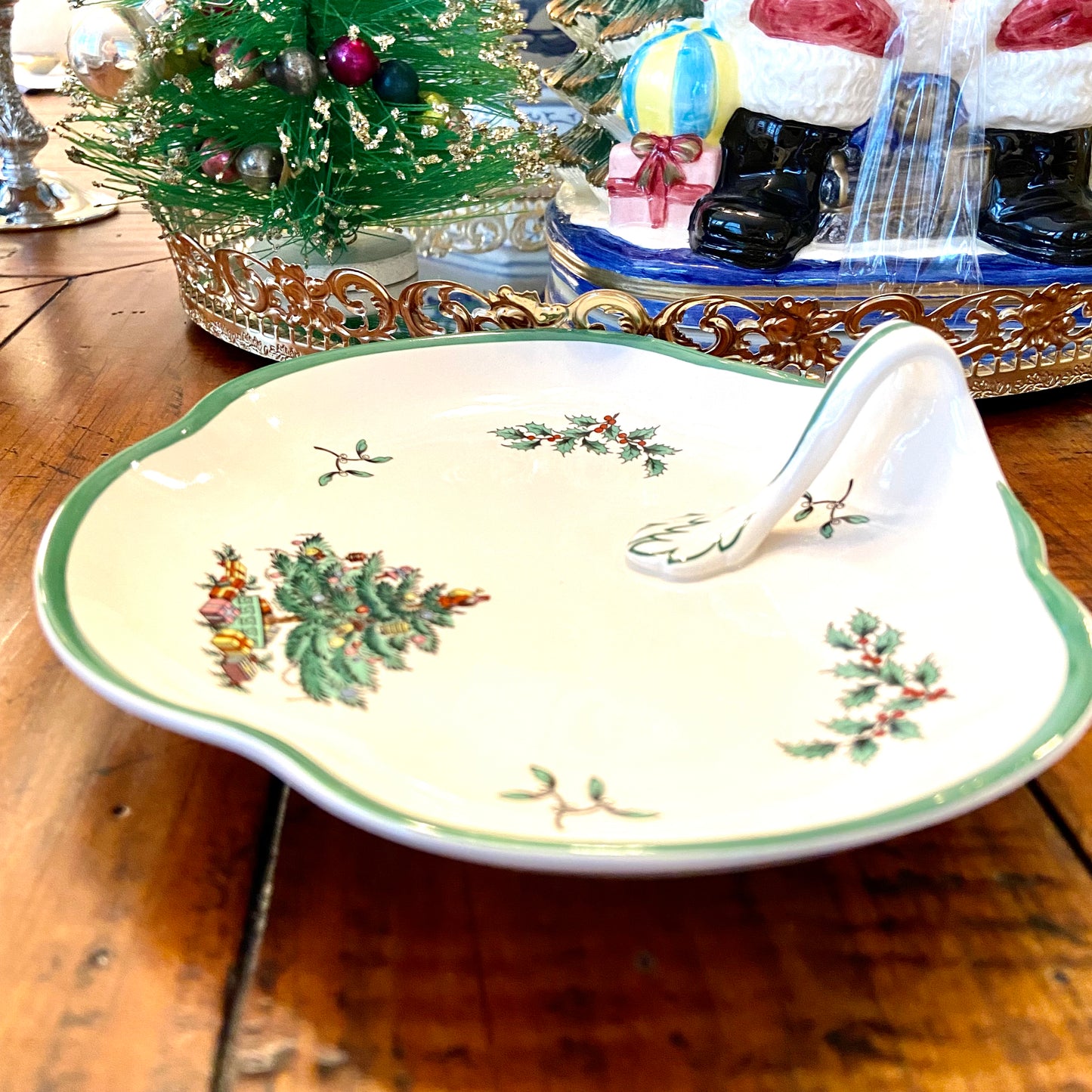Vintage Spode, Made in England Christmas Tree dish with handle