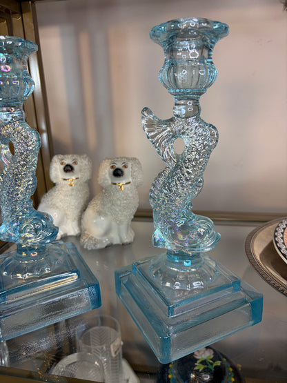 Stunning koi blue iridescent candleholders pair!