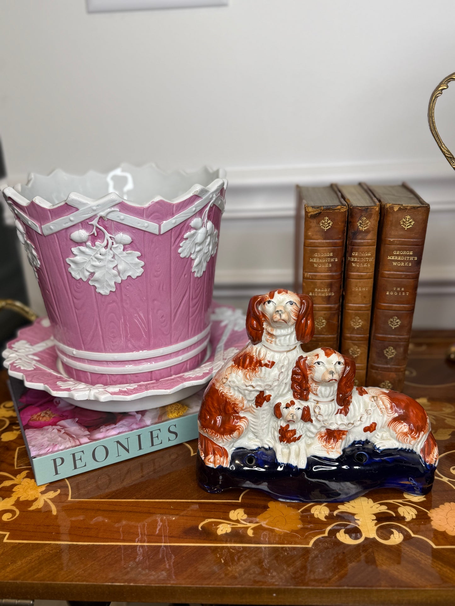 Antique Staffordshire Red & White Spaniel Dog Group on Cobalt Base – 8”W x 6”H #DA4229