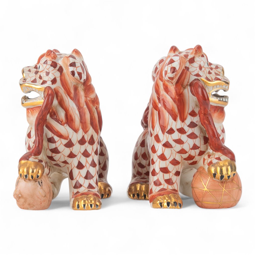 Danny’s Fine Porcelain - Rust & White Spaniel Foo Dog Figure Pair W/ Gold Accent (2 sizes to choose)
