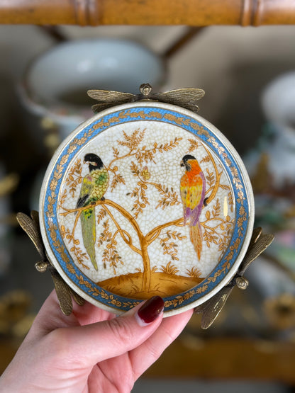 Danny’s Fine Porcelain - Dish with Dragonfly Handles – Hand-Painted Parrots & Gilded Accents
