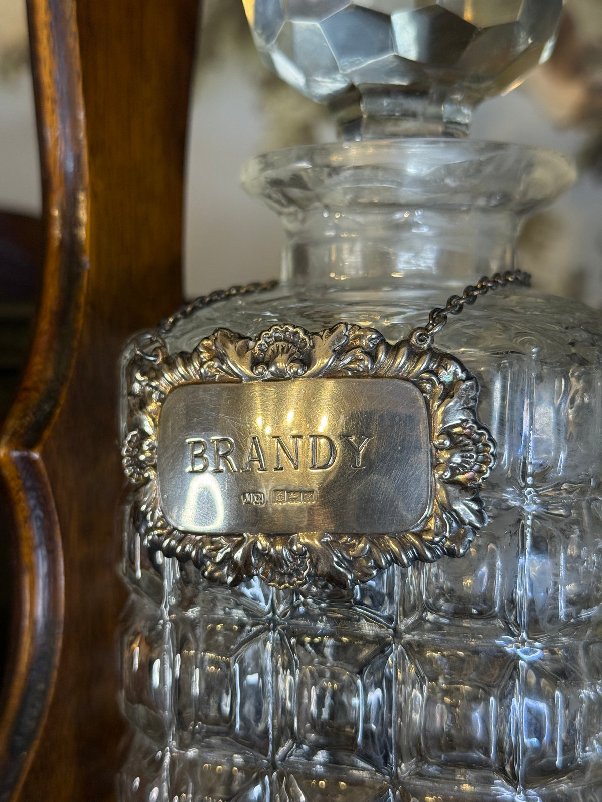 Antique English Oak Three-Bottle Tantalus W/ Cut Crystal Decanters, Sterling Silver Labels & Original Key, c.1900, 15” W x 13” H x 6.5” D