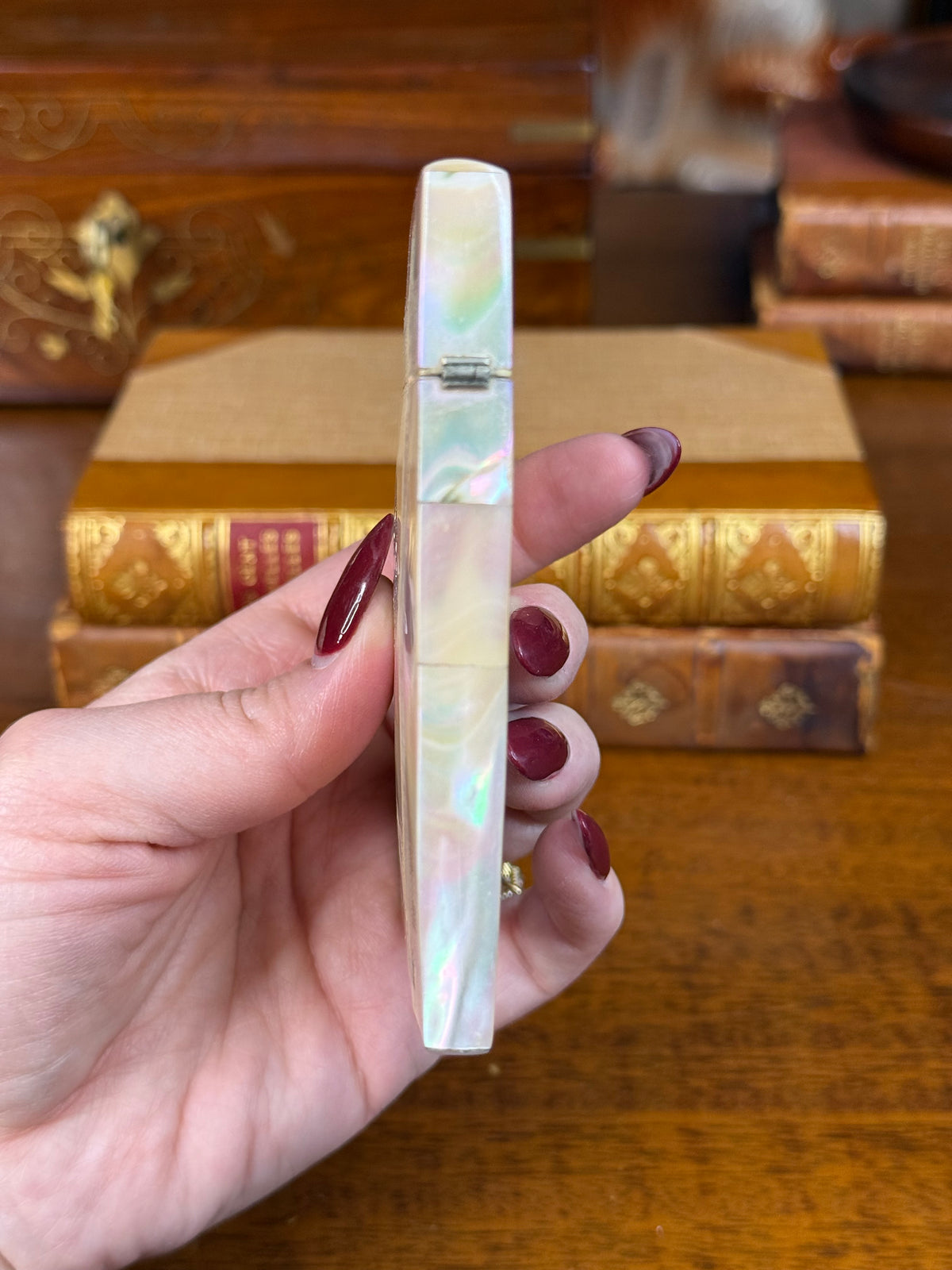Antique Victorian Mother of Pearl Calling Card Case with Engraved Silver Floral Cartouche, Original Blue Interior, c. 1860–1880 – 4”