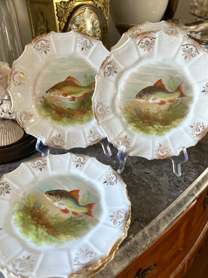 Beautiful Set of 6 Antique Gilded Fish Plates