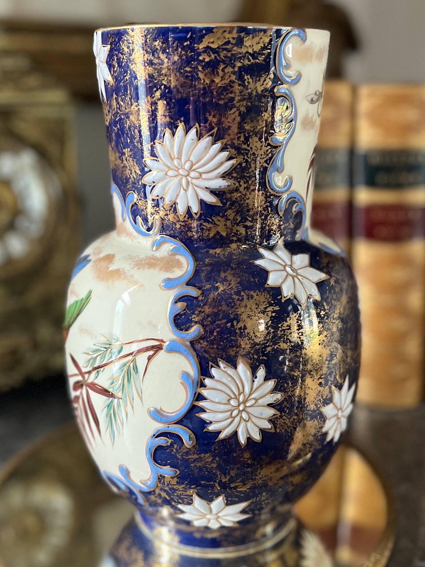 RESERVED - THERESA - Live 09/01 Antique English Aesthetic Movement Cobalt & Gilt Vase | Raised Bird, Dragonfly & Gilt-Sponge Decoration Circa 1870-1895