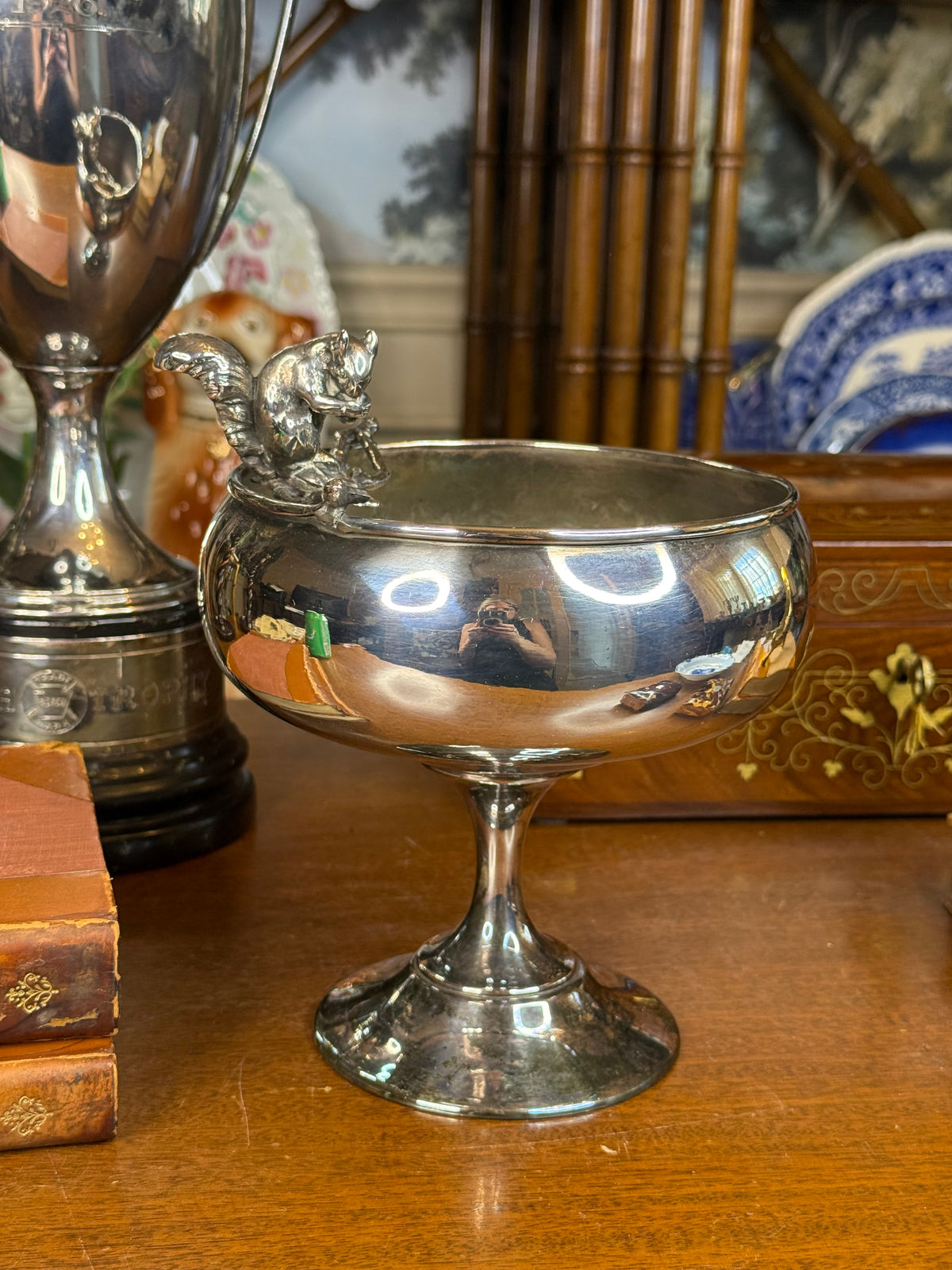 Antique Sheffield Plate Figural Squirrel Pedestal Nut Bowl, c. 1900 – 8”H