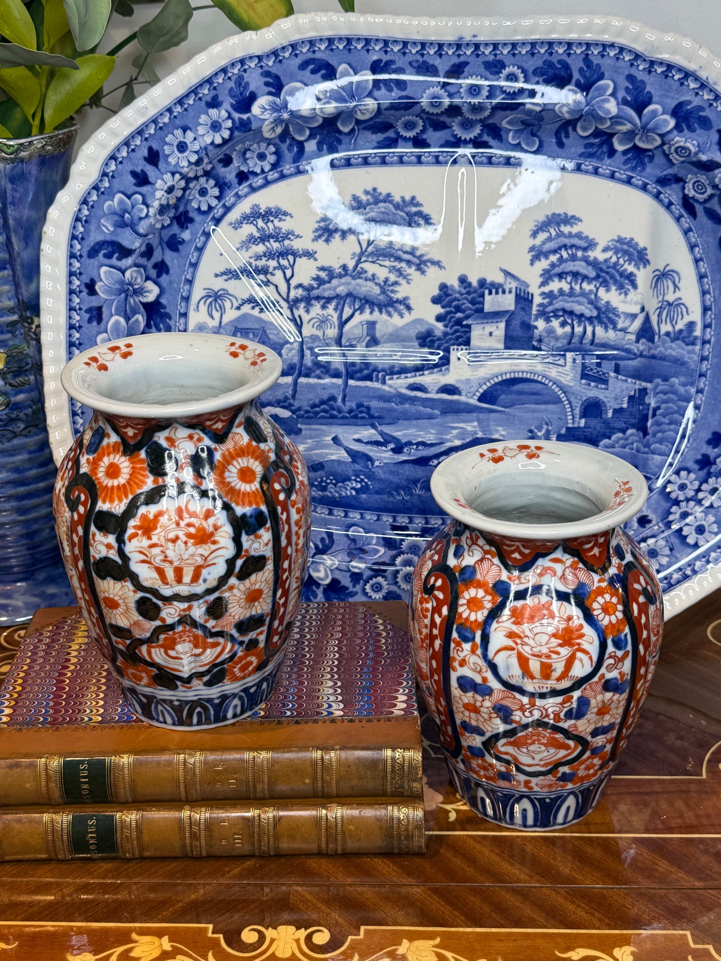 Pair of Antique Japanese Imari Porcelain Vases, Hand Painted Red, Blue & Ironstone Palette, 8” Tall – DA4521