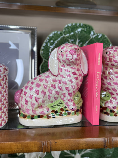 Danny's Fine Porcelain: Staffordshire Bunny Hare Pair in Pink Fishnet – Hand-Painted Porcelain with Gold Detail, 8Lx4Wx8.5H" #41429