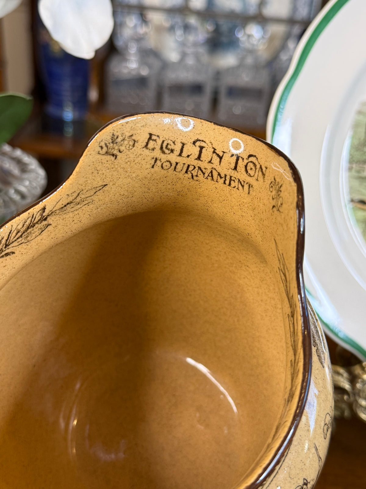 Antique Royal Doulton “Eglinton Tournament” Brown Transferware Equestrian Jug, Rd No. 408787, c.1904, 7” W x 5.5” H