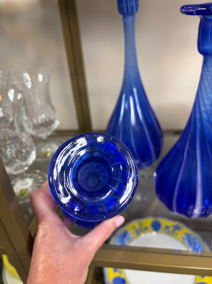 Stunning trio of handblown cobalt candleholders/vases with swirl designs and white!