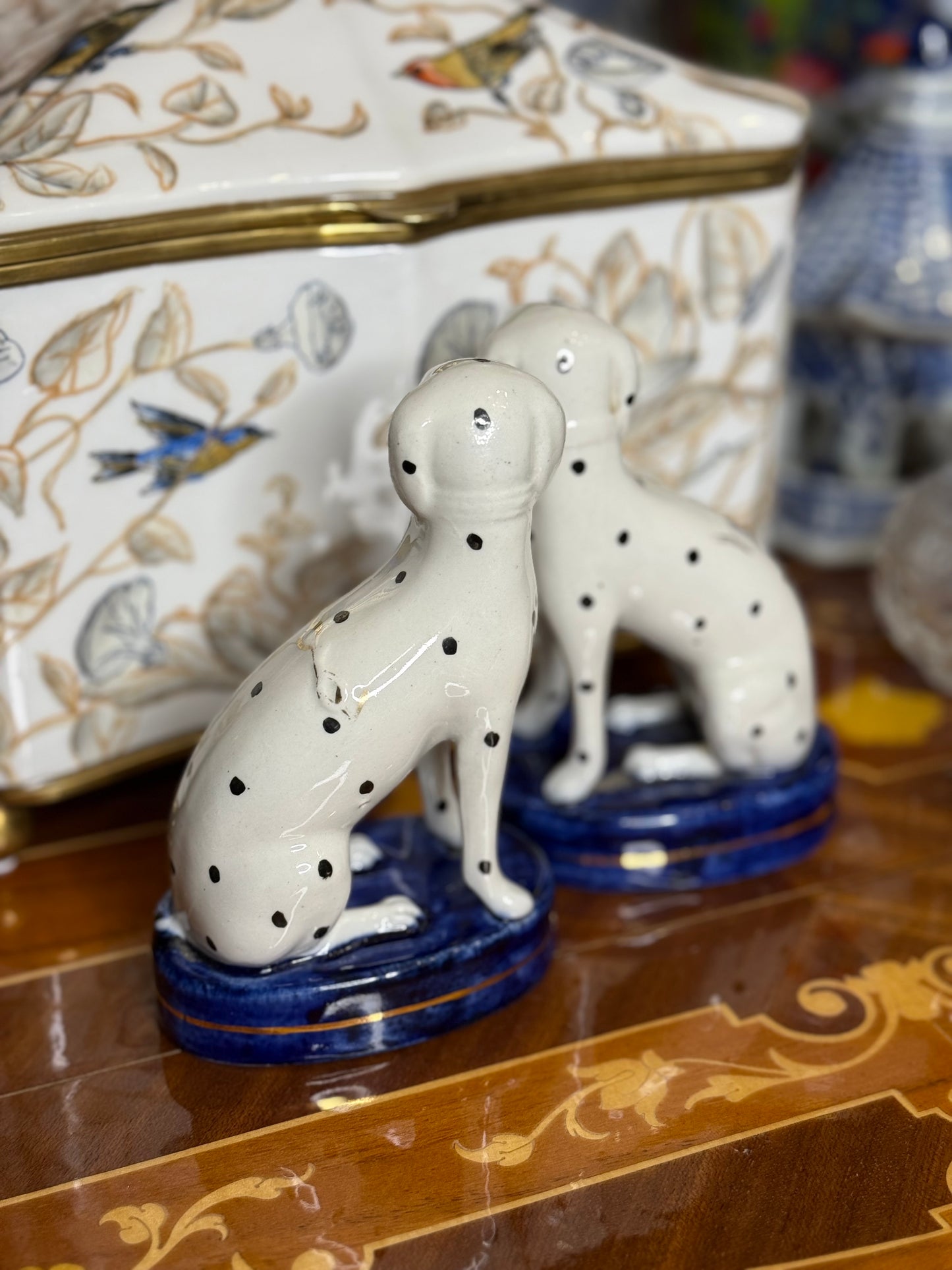 Vintage Pair of Hand-Painted Porcelain Dalmatian Dogs on Cobalt Bases (5.25”) English
