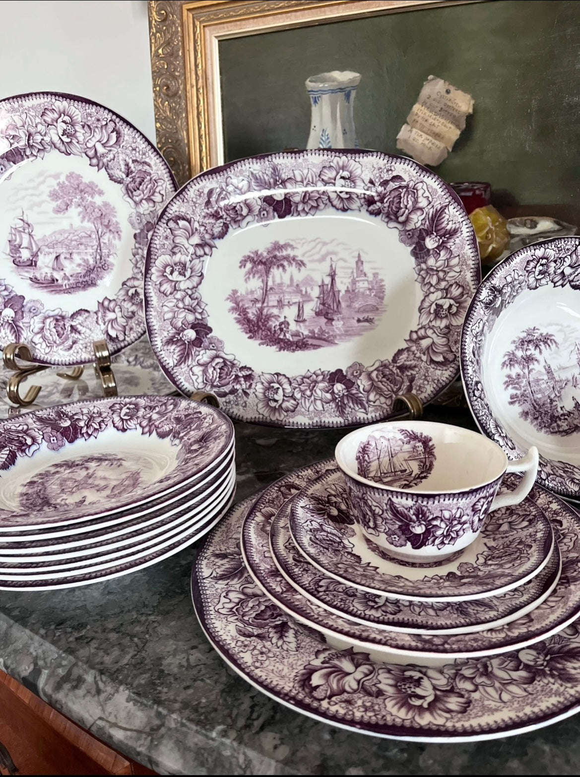 Rare Expansive Mulberry Transferware - Safe Harbour Royal Staffordshire - Service In Mint Condition