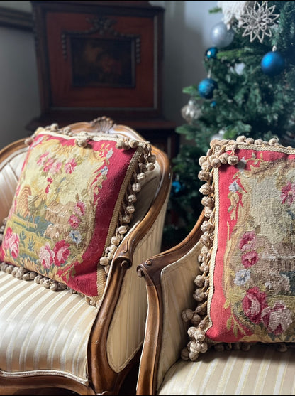 Pair of French Aubusson Hand Woven Mirror Image Rooster Pillows with Café-Latte Velvet Backs