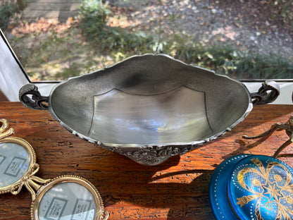 Beautiful ornate floral compote pedestal oval bowl with handles!