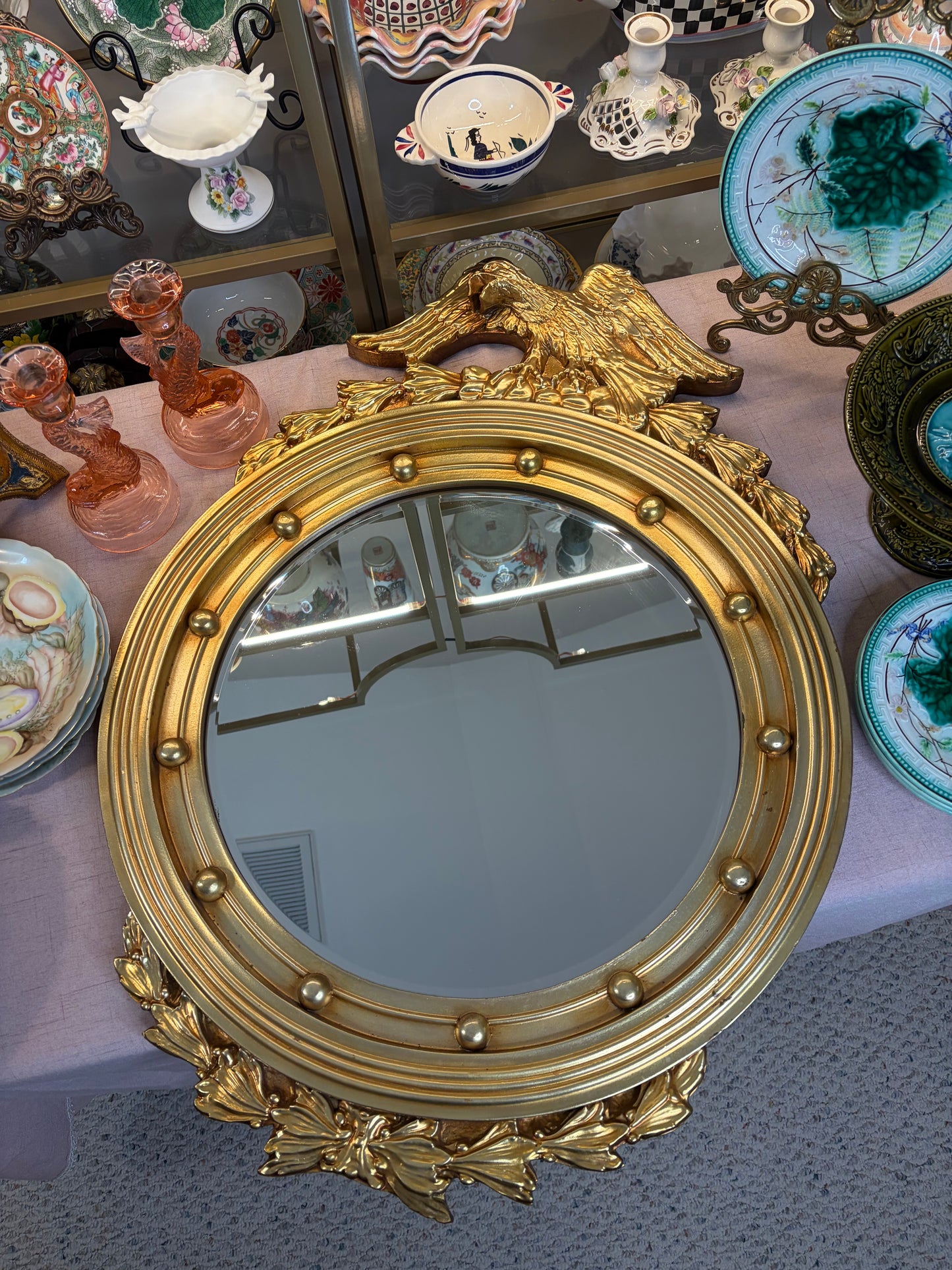 Stunning American Federal Eagle Bullseye Gold Gilt wood mirror! Measures 32.5” x 23 1/4”.