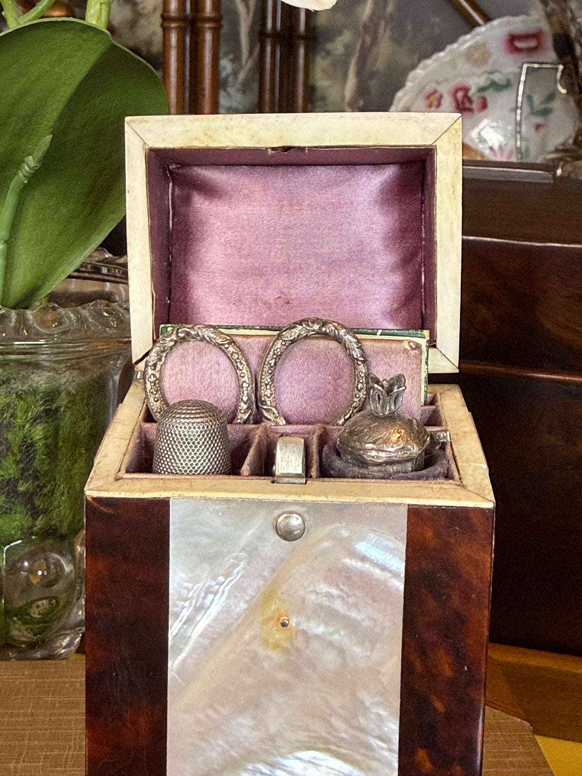 Antique Victorian Tshell & Mother-of-Pearl Sewing Etui | Complete Fitted Sewing Box | Lavender Satin Interior | Jackson-Mitchell Provenance | 4”