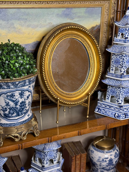 Antique 19th-Century Oval Giltwood Mirror with Rope Twist Frame: 15x13x2”