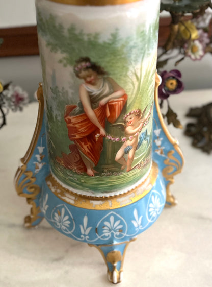 Antique French Paris Porcelain Tripod Vase, Bleu Céleste, Hand-Painted Maiden & Cupid, c. 1870