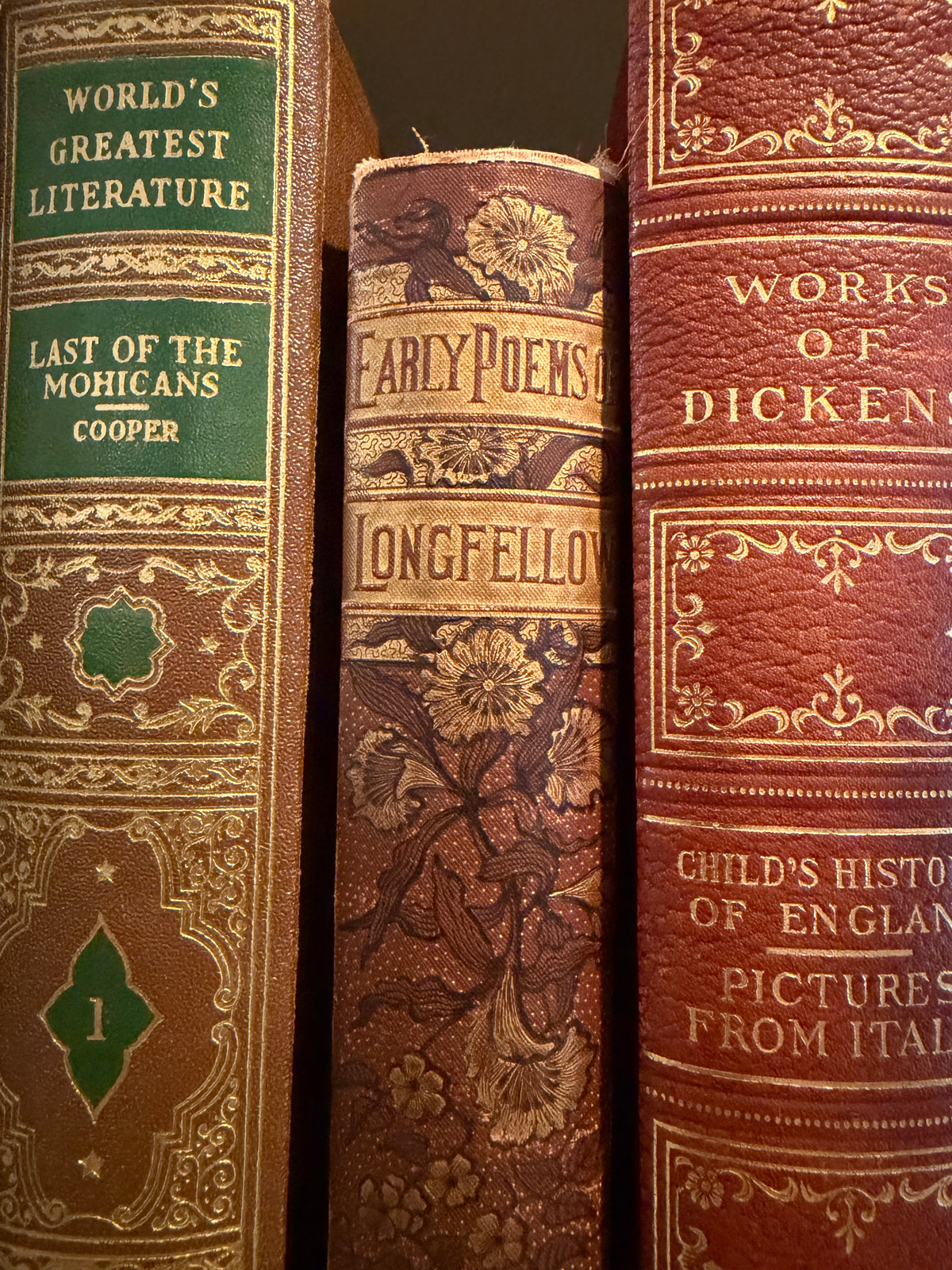 Set of 7 aged rare books Dickens, Longfellow 1885, Sterne & more