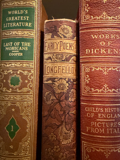 Set of 7 aged rare books Dickens, Longfellow 1885, Sterne & more