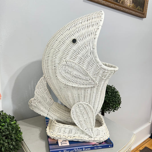 White Hand-Woven Rattan Dolphin Storage Basket Sculpture 1970 Bohemian Chic