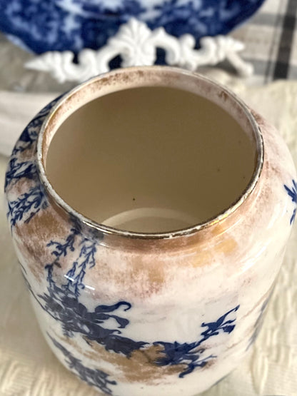 Live 09/22 Rare Surviver 1880s Doulton Burslem England Blue & White Gilt Biscuit Jar – Original Lid
