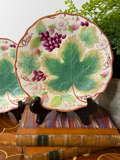 Pair of Antique Victorian Majolica-Style Botanical Plates | 8.5" Diameter