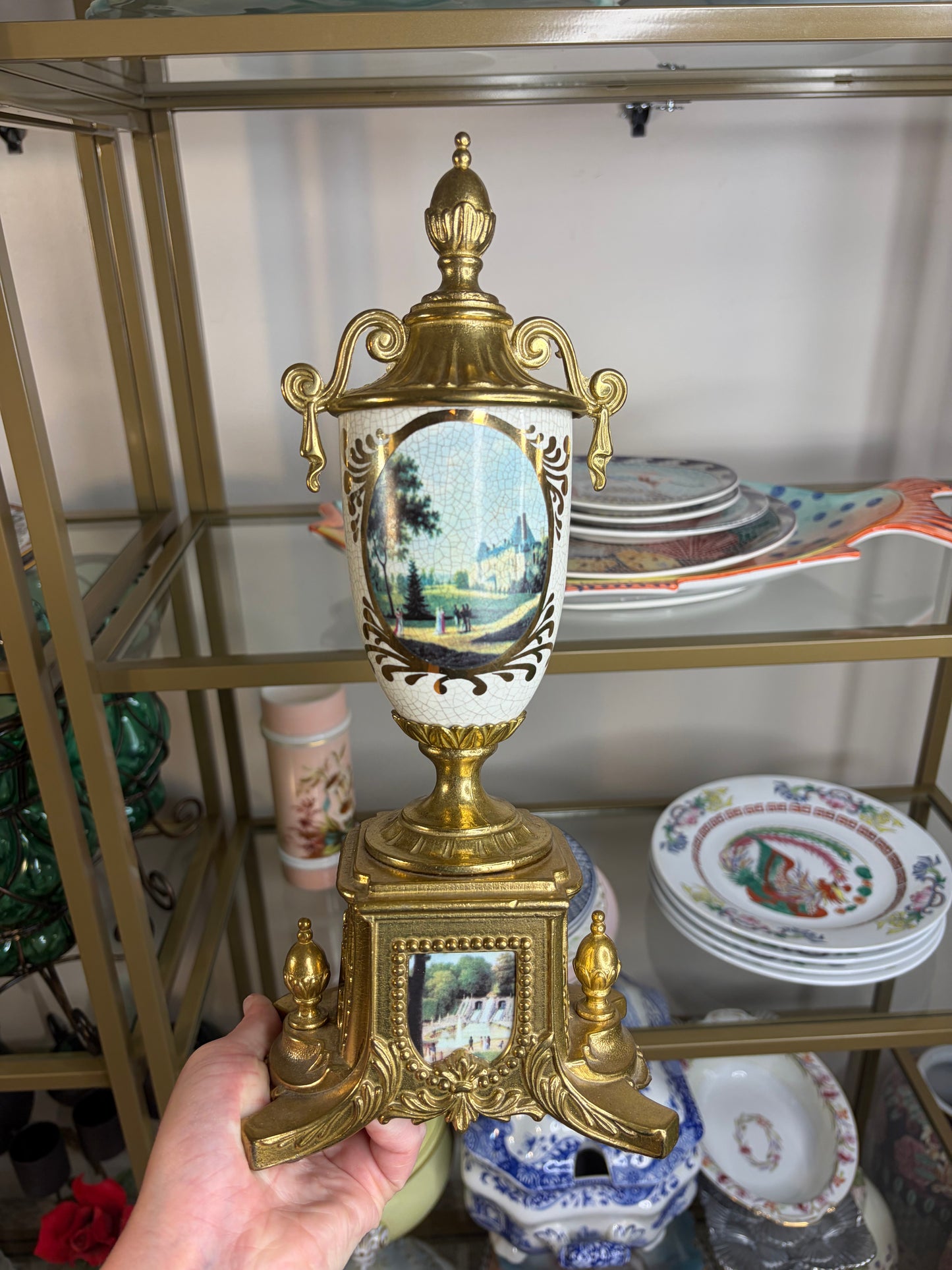 Gorgeous Italian urn with porcelain handpainted scenes and ornate brass details!