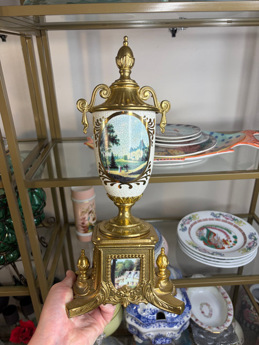 Gorgeous Italian urn with porcelain handpainted scenes and ornate brass details!