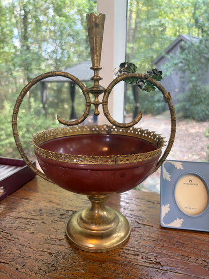 Lovely decorative brass centerpiece bowl or tazza featuring a reddish-maroon enameled body!