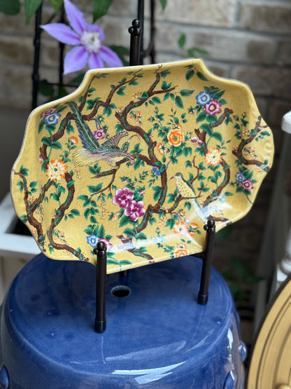 Danny’s Fine Porcelain - Yellow Hand-Painted Chinoiserie Porcelain Tray with Birds & Blossoms