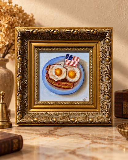 Original American Breakfast Oil Painting – Bacon and Eggs with USA Flag in Vintage Gold Frame