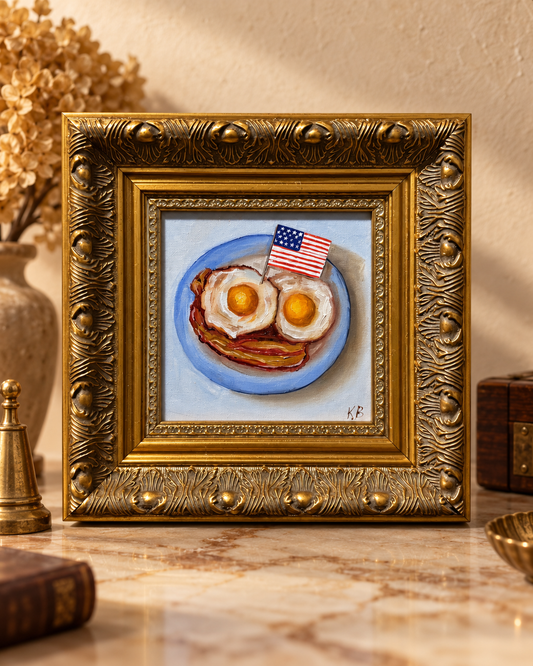 Original American Breakfast Oil Painting – Bacon and Eggs with USA Flag in Vintage Gold Frame