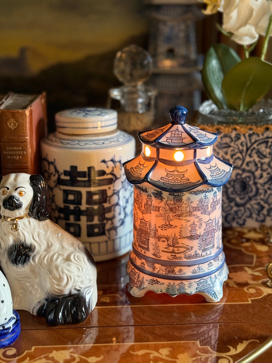 Danny’s Fine Porcelain: Blue & White Pagoda Lidded Lamp: 4.5L X 4.5W X 8H