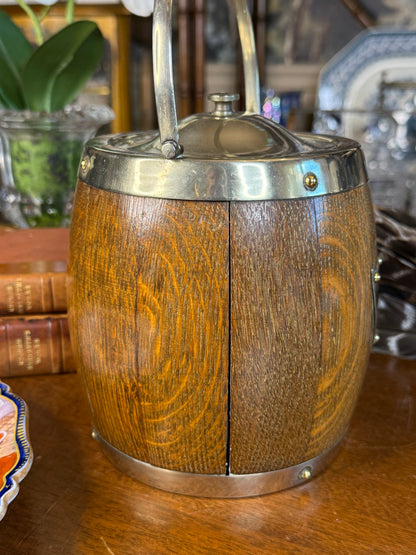 RARE - MOLLIE - Antique English Oak & EPNS Silver Plate Biscuit Barrel with Shield Cartouche, c.1900, 7” H