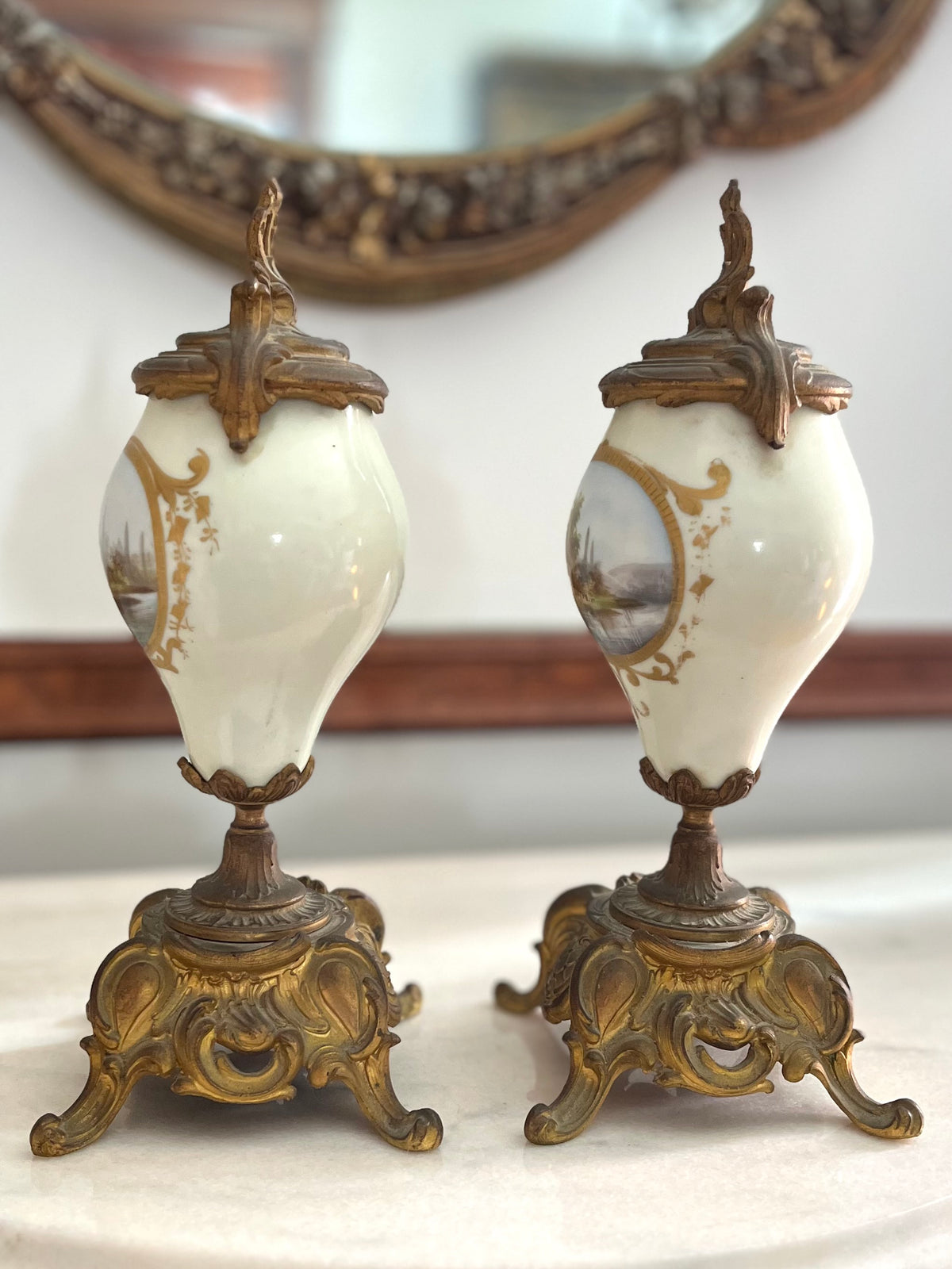 Pair of French Hand-Painted Pastoral Porcelain & Bronze Garniture Urns