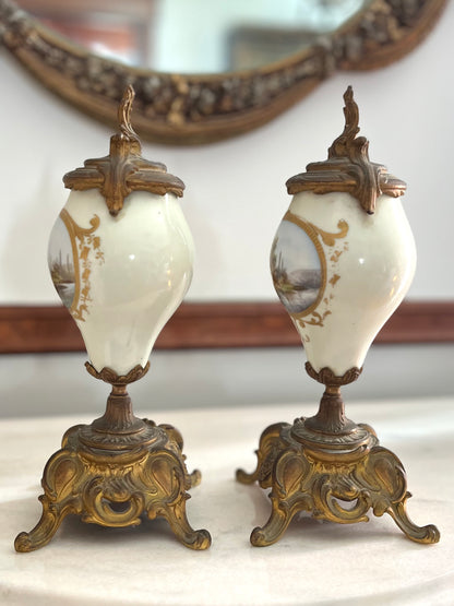 Pair of French Hand-Painted Pastoral Porcelain & Bronze Garniture Urns