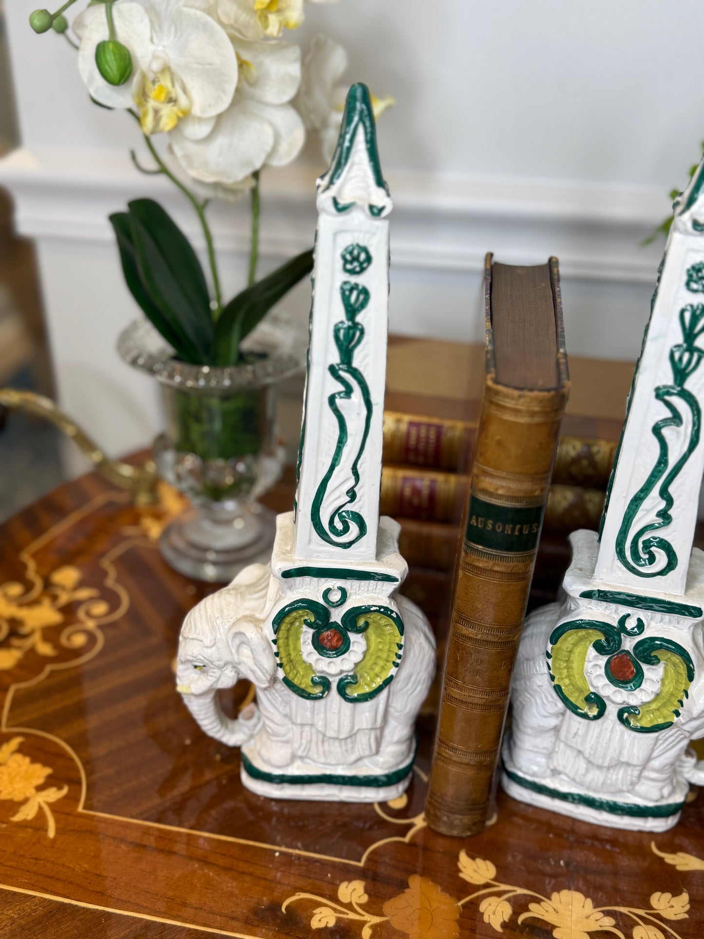 Vintage Italian Pottery Elephant Obelisk Bookends – Pair | 12.5” Tall
