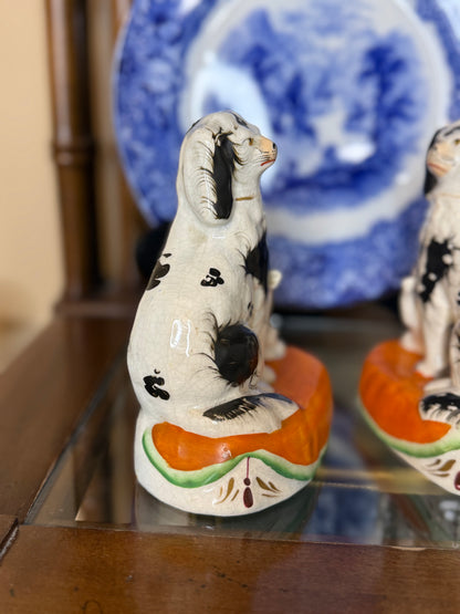 Antique 19th Century Staffordshire Spaniel Dog Figures with Puppies on Orange Cushions – Pair | 7” Tall #DA4423