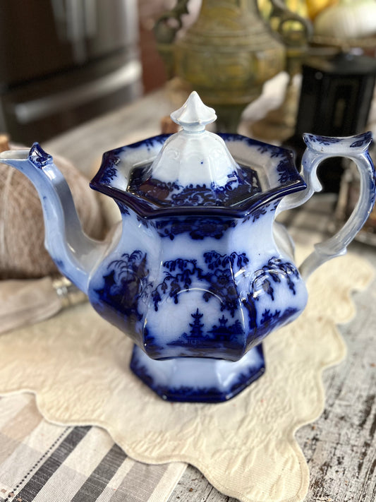 Jacob Furnival & Co. Shanghae Flow Blue Ironstone Teapot | England, Circa 1860
