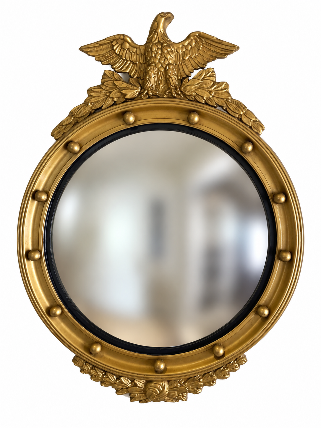 Vintage Federal Style Gilt Wood Convex Eagle Mirror | Gold Bullseye Mirror with Eagle & Laurel Crest | 28.5” H × 21.25” W